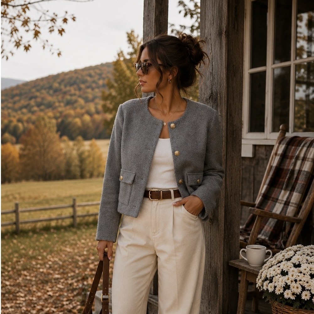 Quince 100% Australian Wool Lady Jacket Heather Grey Gold Button Blazer Small